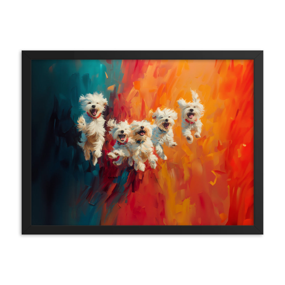 Five coton de Tulear puppies jumping in the air. Oil painting with blue and orange background.