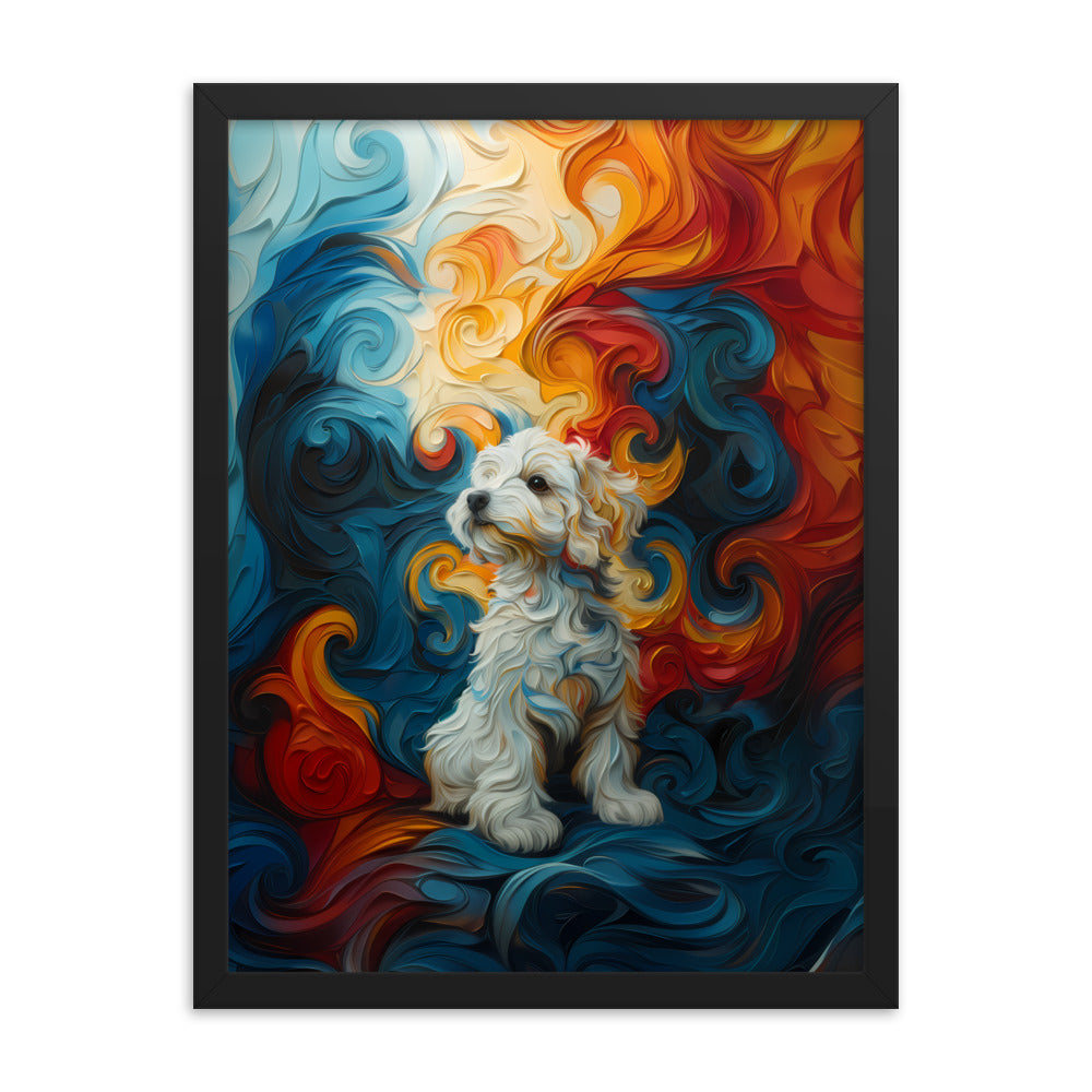 A Coton de Tulear sits in front of a swirling background of color: reds, oranges, yellows and blues.