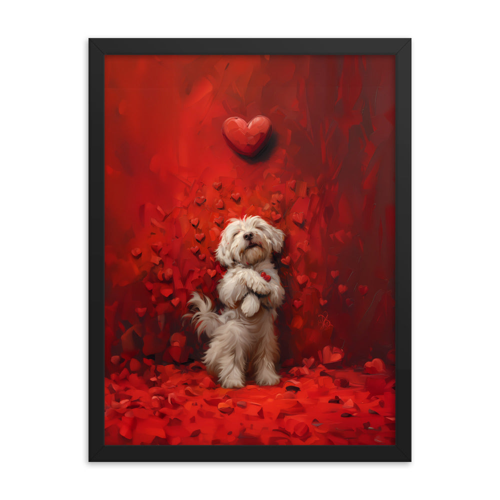 A Coton De Tulear dog stands cuddling hearts that surround him