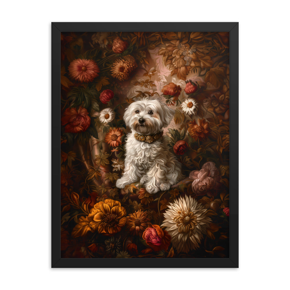 A Coton De Tulear dog featured in a Renaissance Painting with floral background