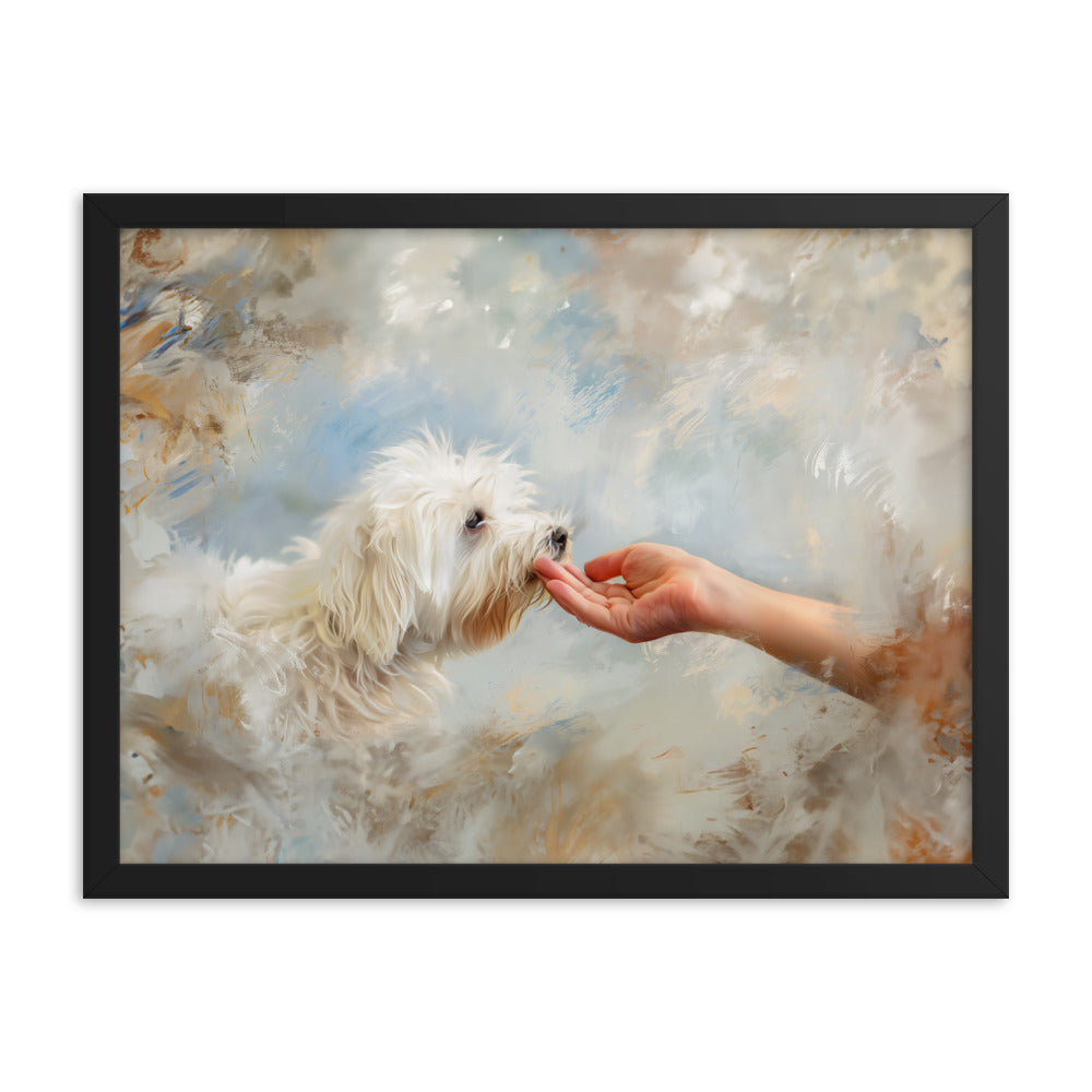 A Coton De Tulear dog kisses a human hand in the clouds