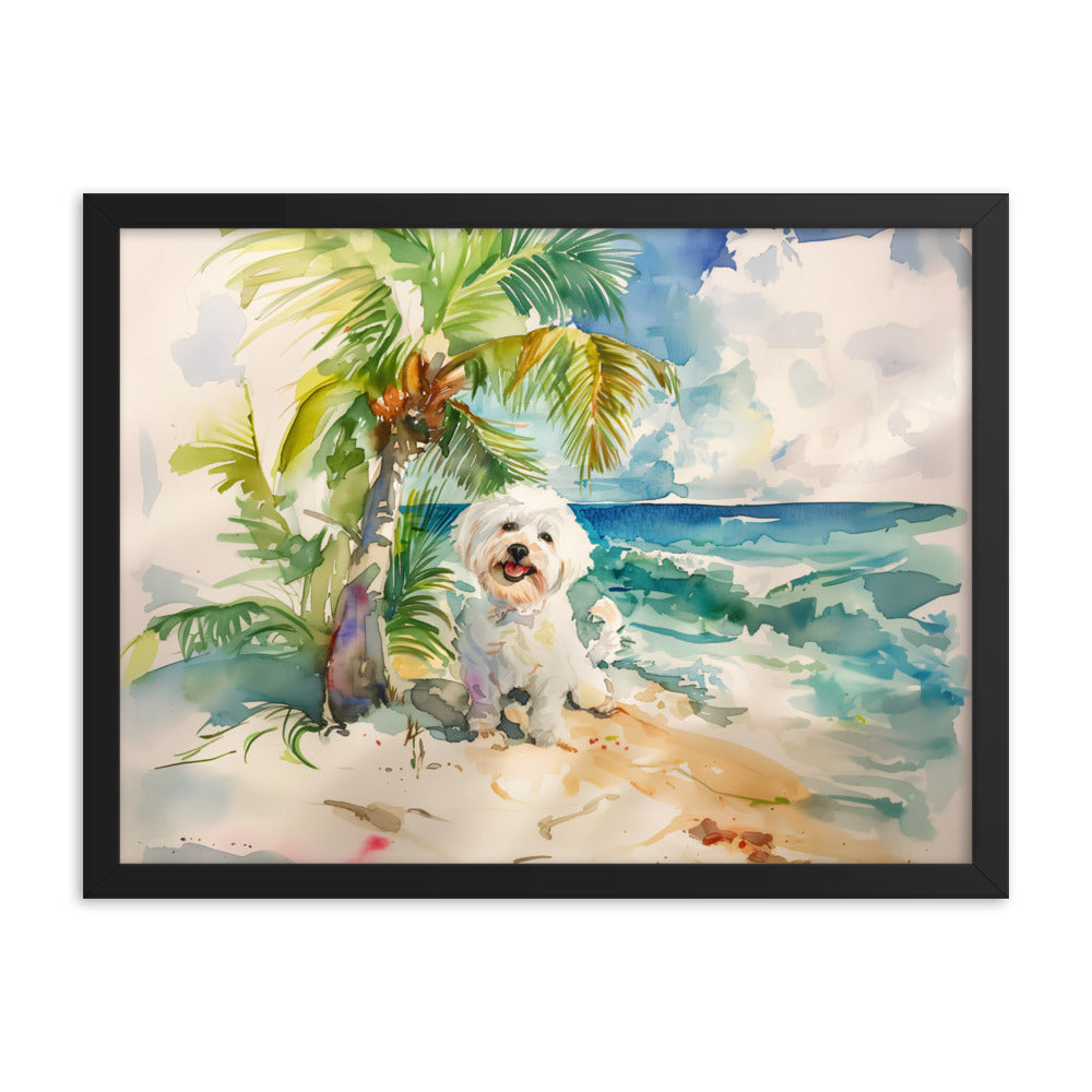 A Coton de Tulear relaxes on an island beach scene.