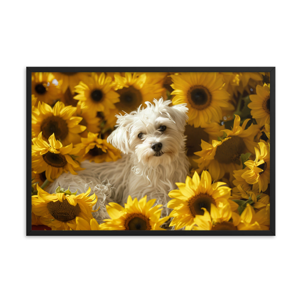 A Coton De Tulear dog nestled among vibrant sunflowers in a framed canvas art piece.