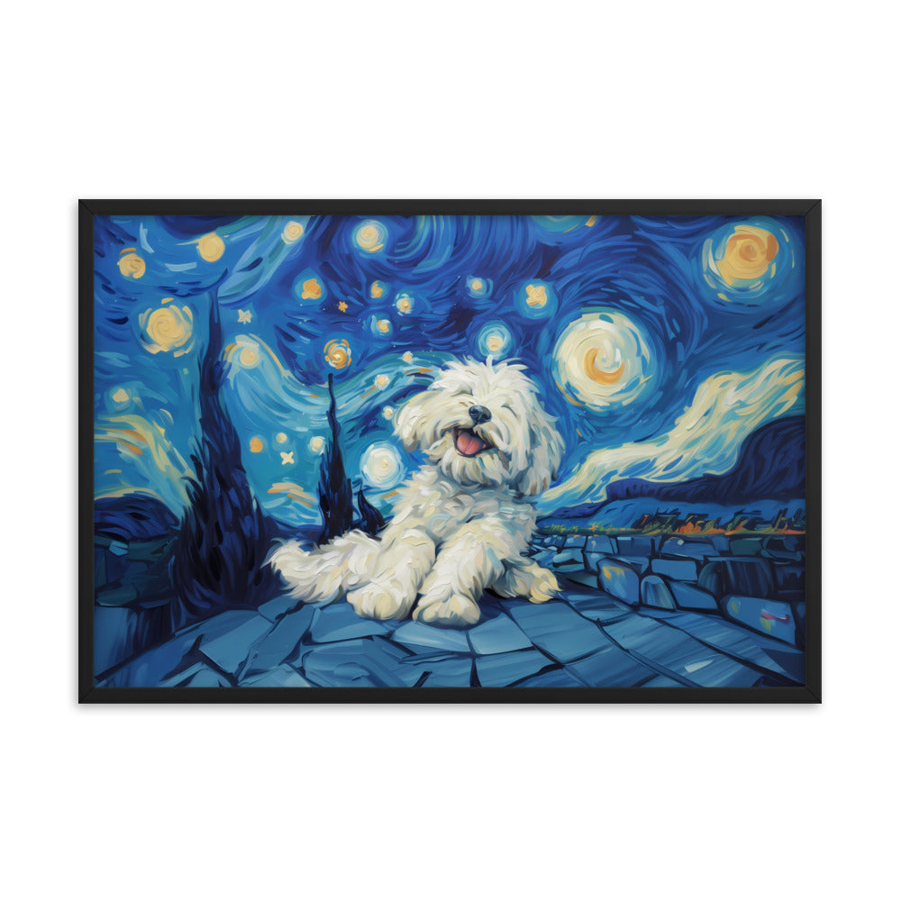 Van Gogh's Starry Night with a Happy Coton de Tulear.