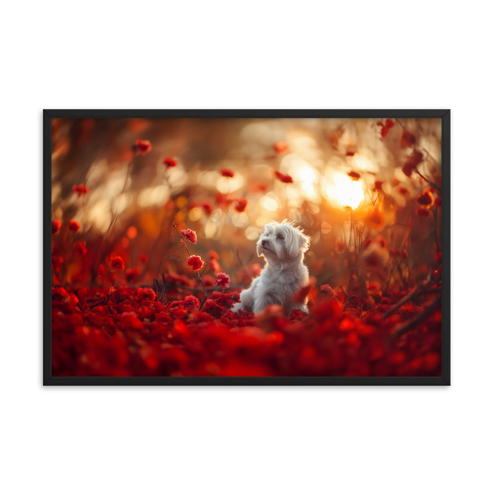 A Coton De Tulear dog sits in among red flowers at sunset