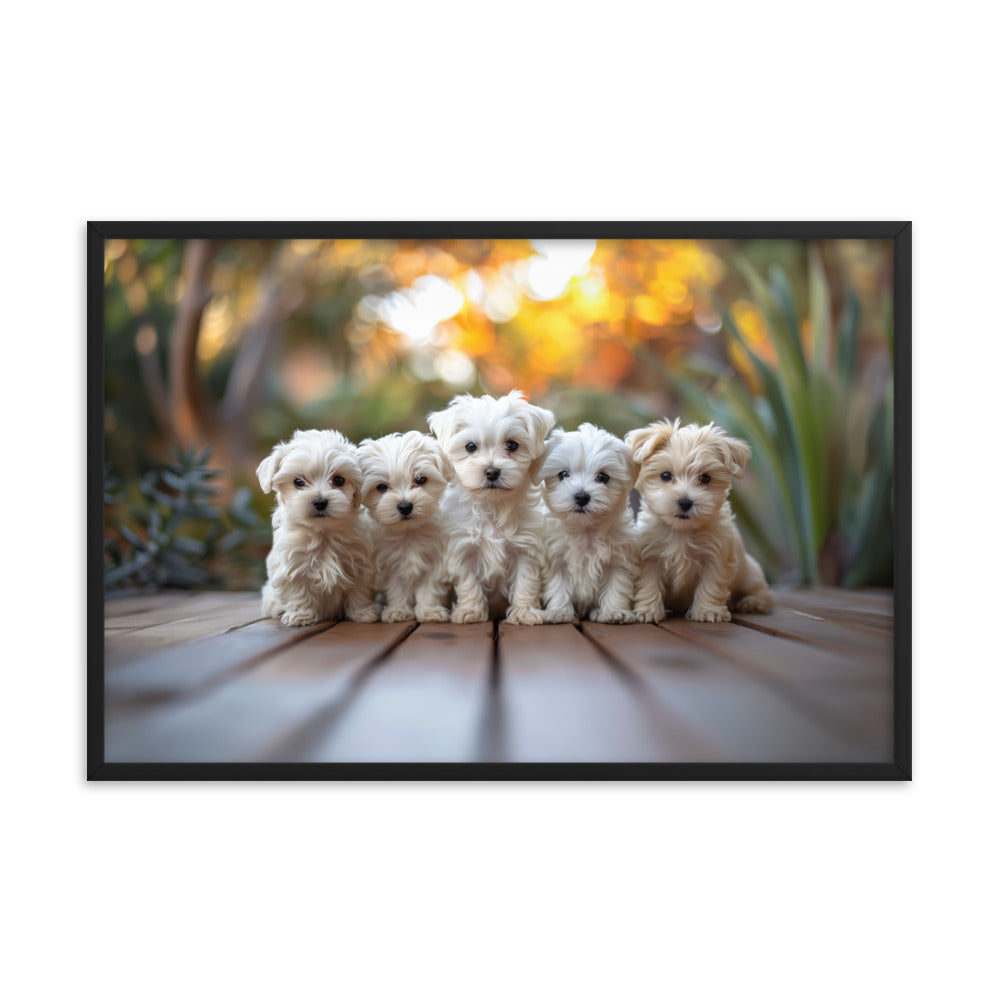 Five Coton de Tulear puppies lined up on a wood deck with greenery in the background. 