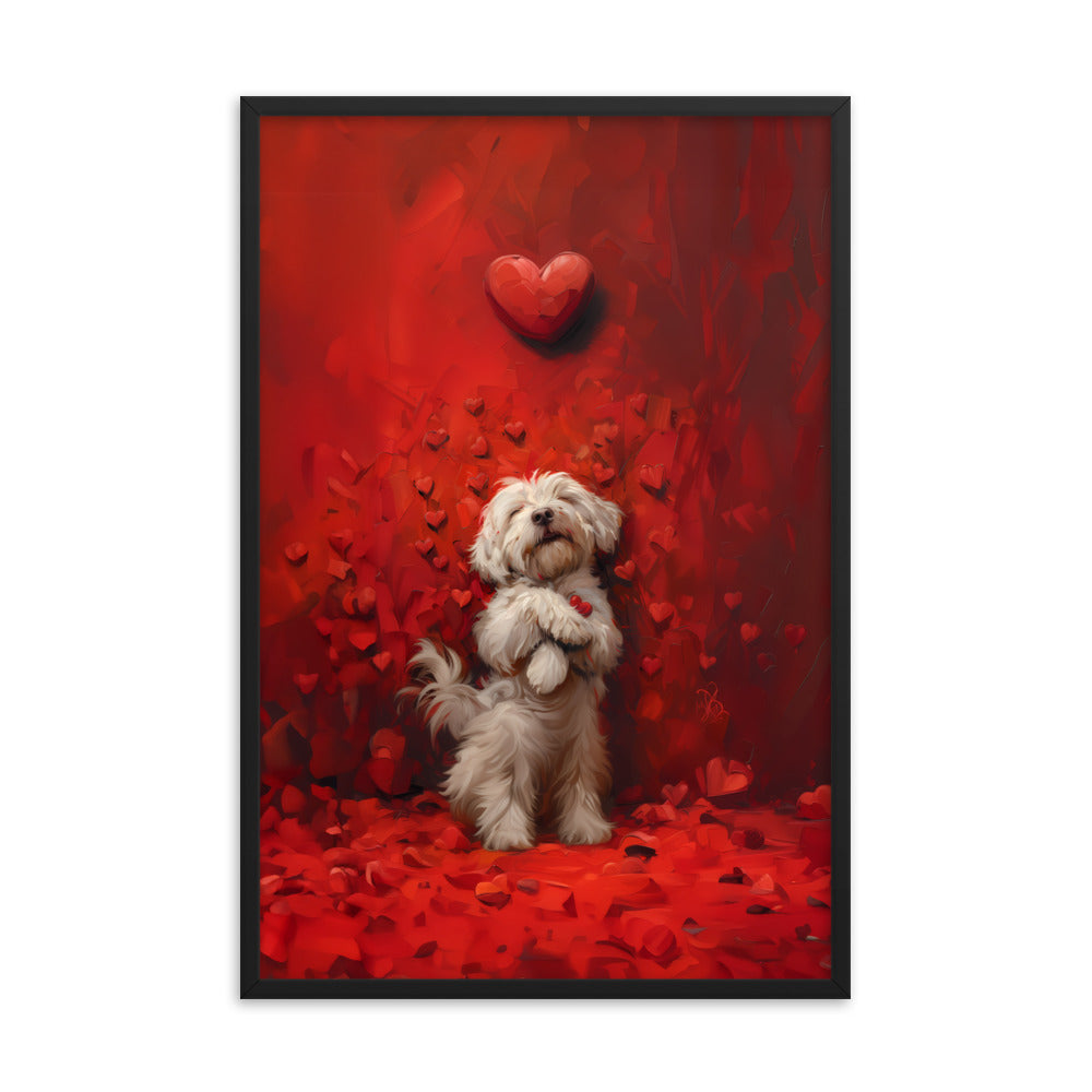 A Coton De Tulear dog stands cuddling hearts that surround him