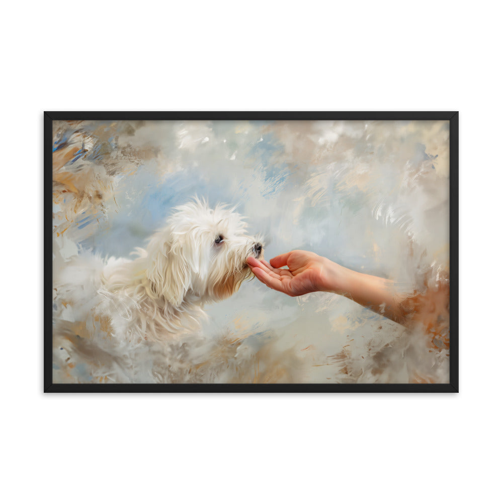 A Coton De Tulear dog kisses a human hand in the clouds