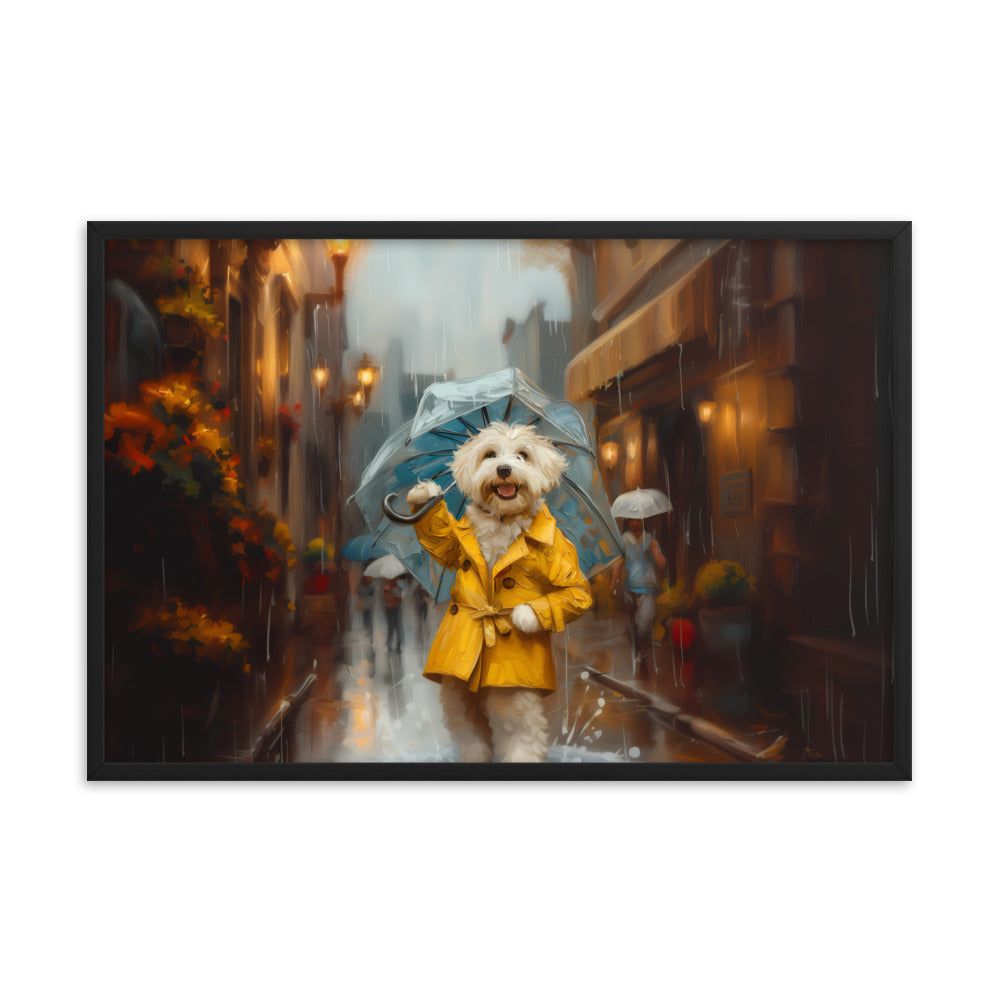 A Coton de Tulear walks down a rainy street upright wearing a yellow rain coat and umbrella.