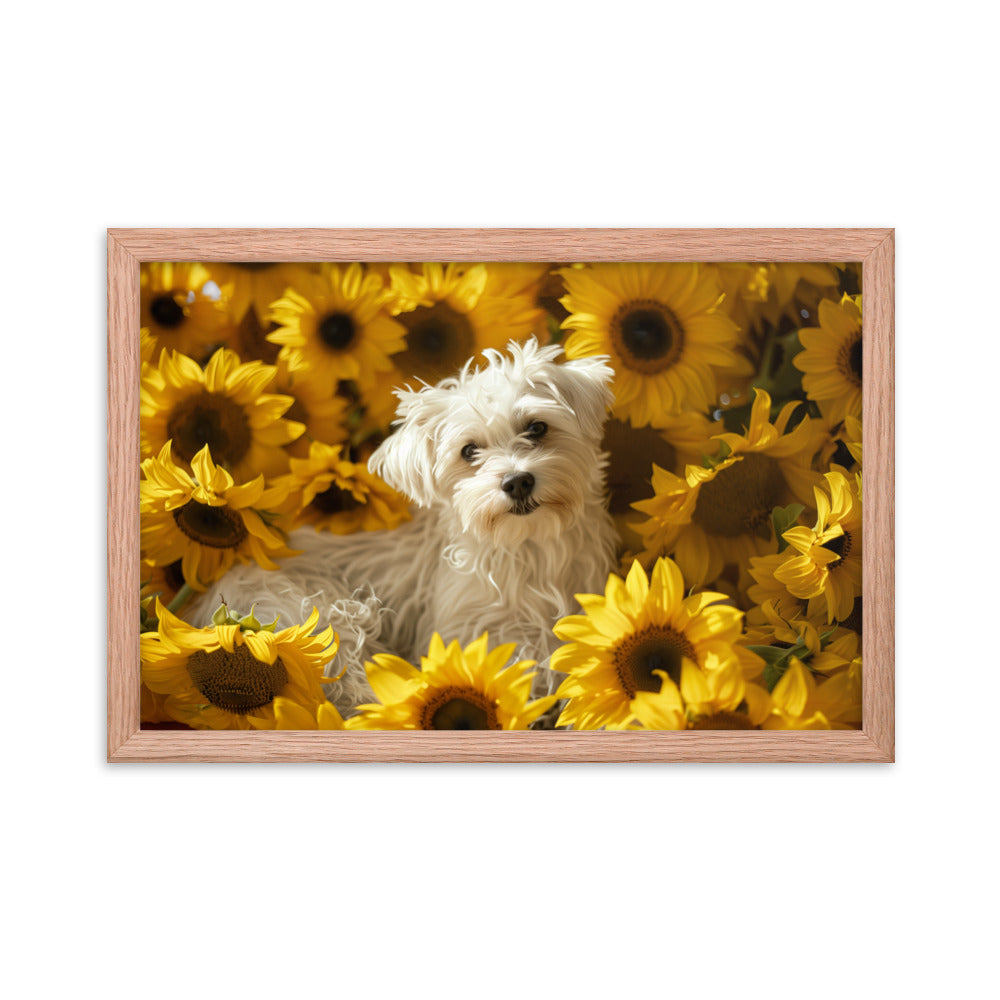 A Coton De Tulear dog nestled among vibrant sunflowers in a framed canvas art piece.