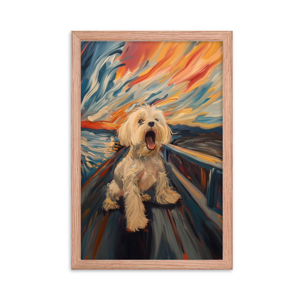 A Coton de Tulear howls in a parody painting of The Scream.