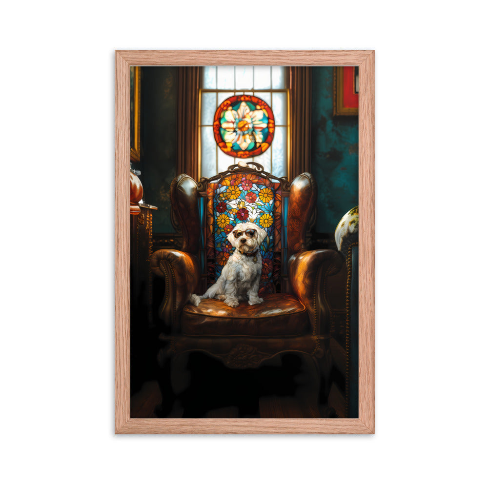 A Chic Coton de Tulear sits on a brown leather couch in a library with stained glass window.