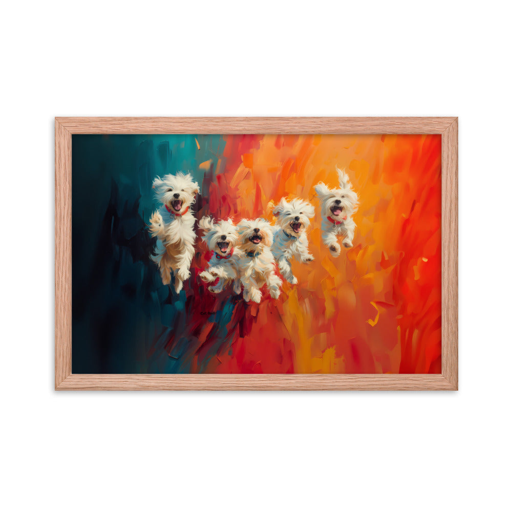 Five coton de Tulear puppies jumping in the air. Oil painting with blue and orange background.