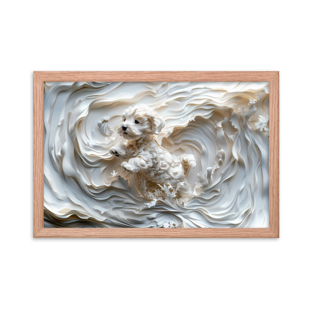 A Coton de Tulear relief with swirling background, all white. 