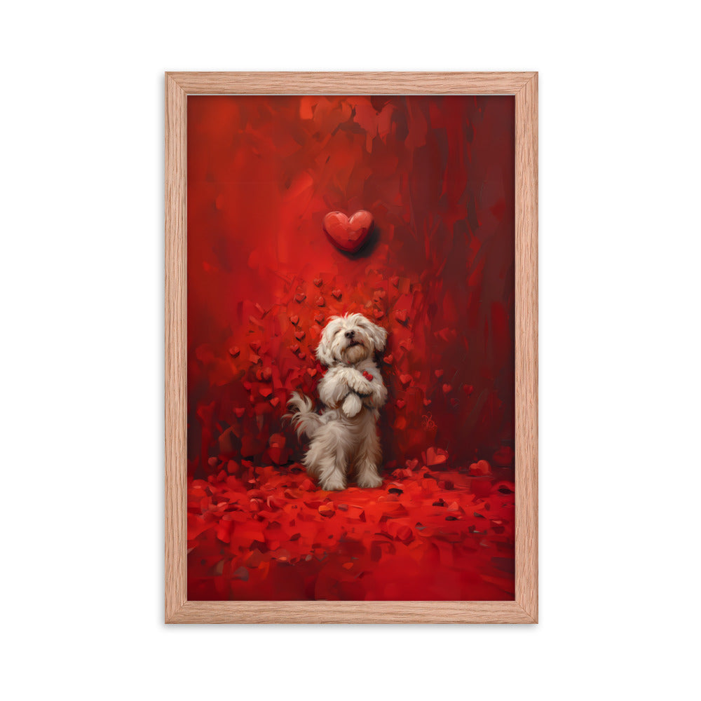 A Coton De Tulear dog stands cuddling hearts that surround him