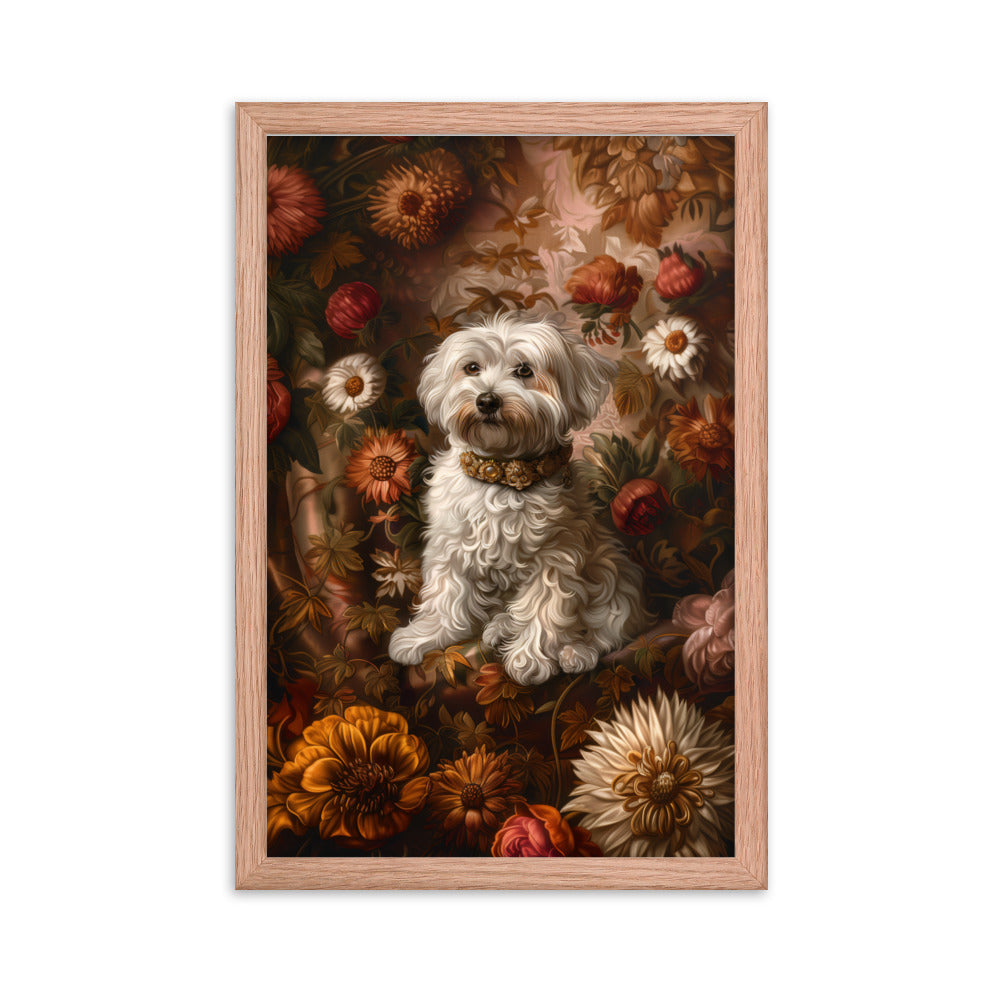 A Coton De Tulear dog featured in a Renaissance Painting with floral background