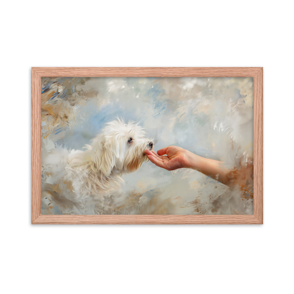 A Coton De Tulear dog kisses a human hand in the clouds