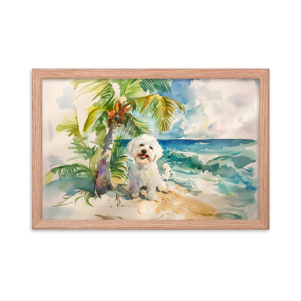 A Coton de Tulear relaxes on an island beach scene.