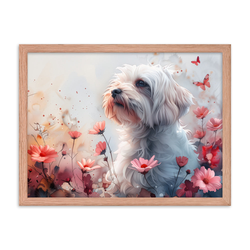 A Coton de Tulear in a field of flowers with butterflies. 