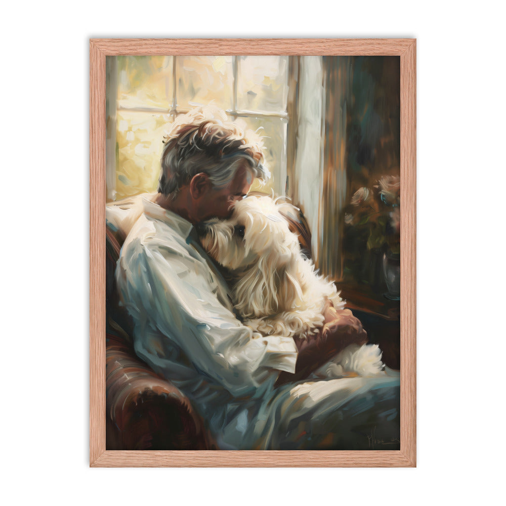 Man holds his Coton De Tulear dog sitting on a chair in a study