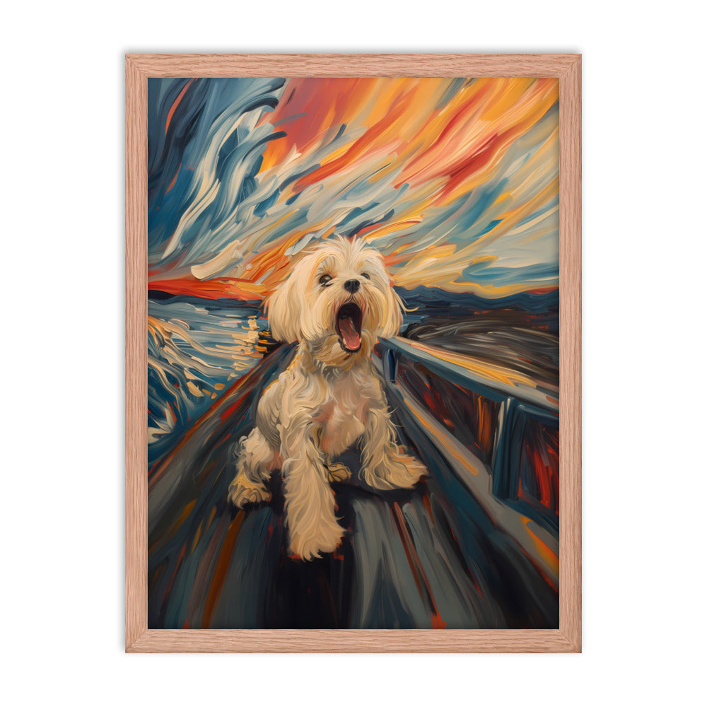 A Coton de Tulear howls in a parody painting of The Scream.