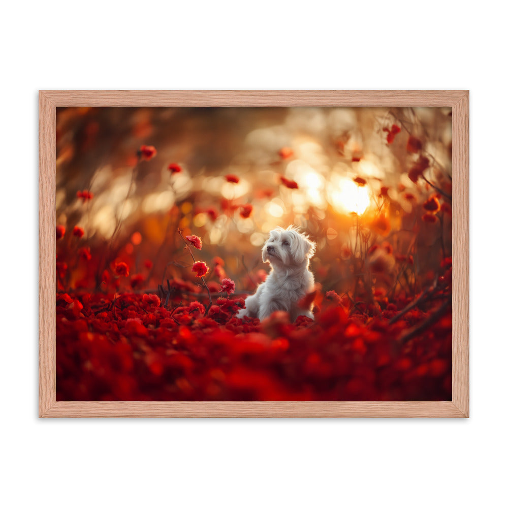 A Coton De Tulear dog sits in among red flowers at sunset