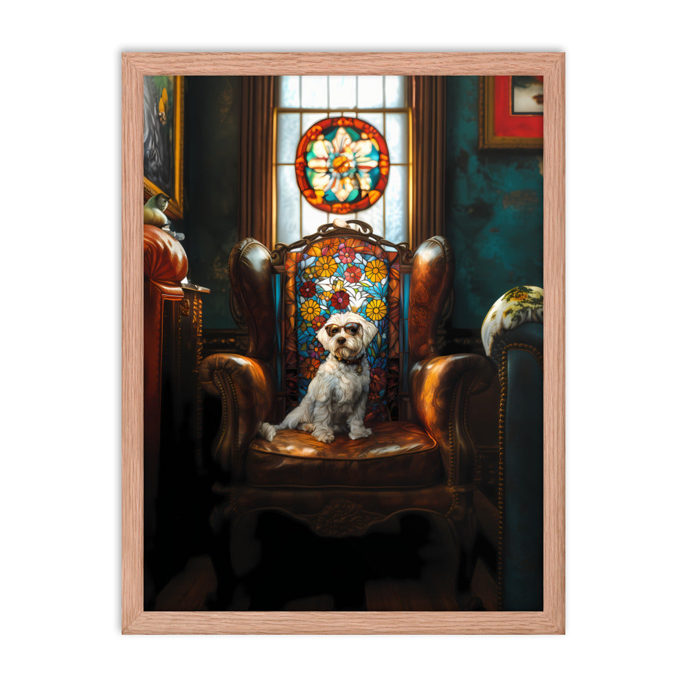 A Chic Coton de Tulear sits on a brown leather couch in a library with stained glass window.