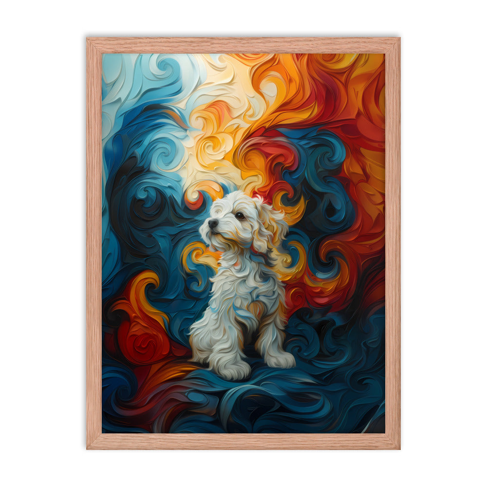 A Coton de Tulear sits in front of a swirling background of color: reds, oranges, yellows and blues.