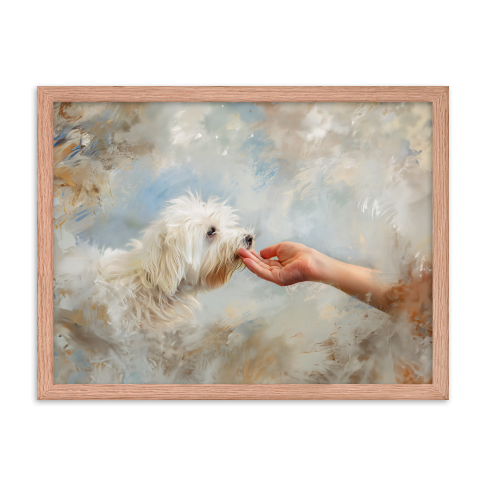 A Coton De Tulear dog kisses a human hand in the clouds