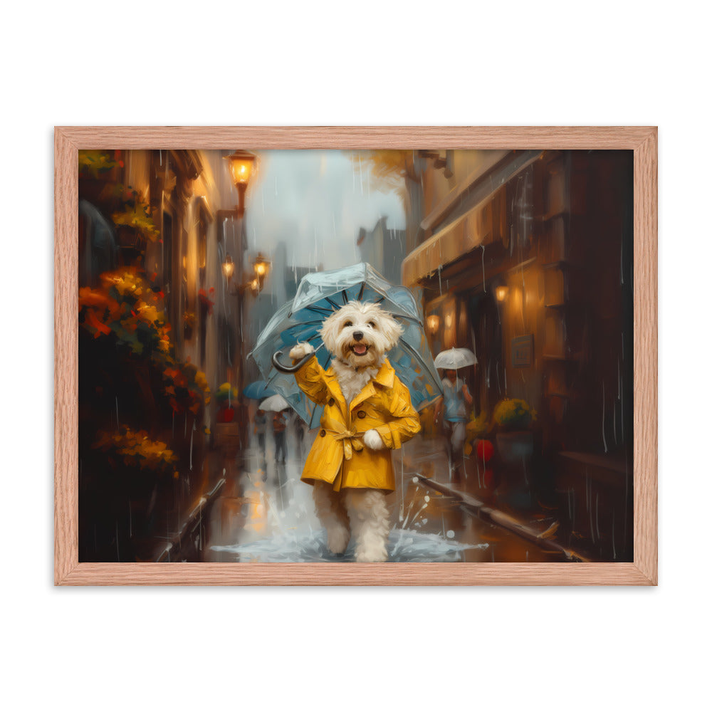 A Coton de Tulear walks down a rainy street upright wearing a yellow rain coat and umbrella.