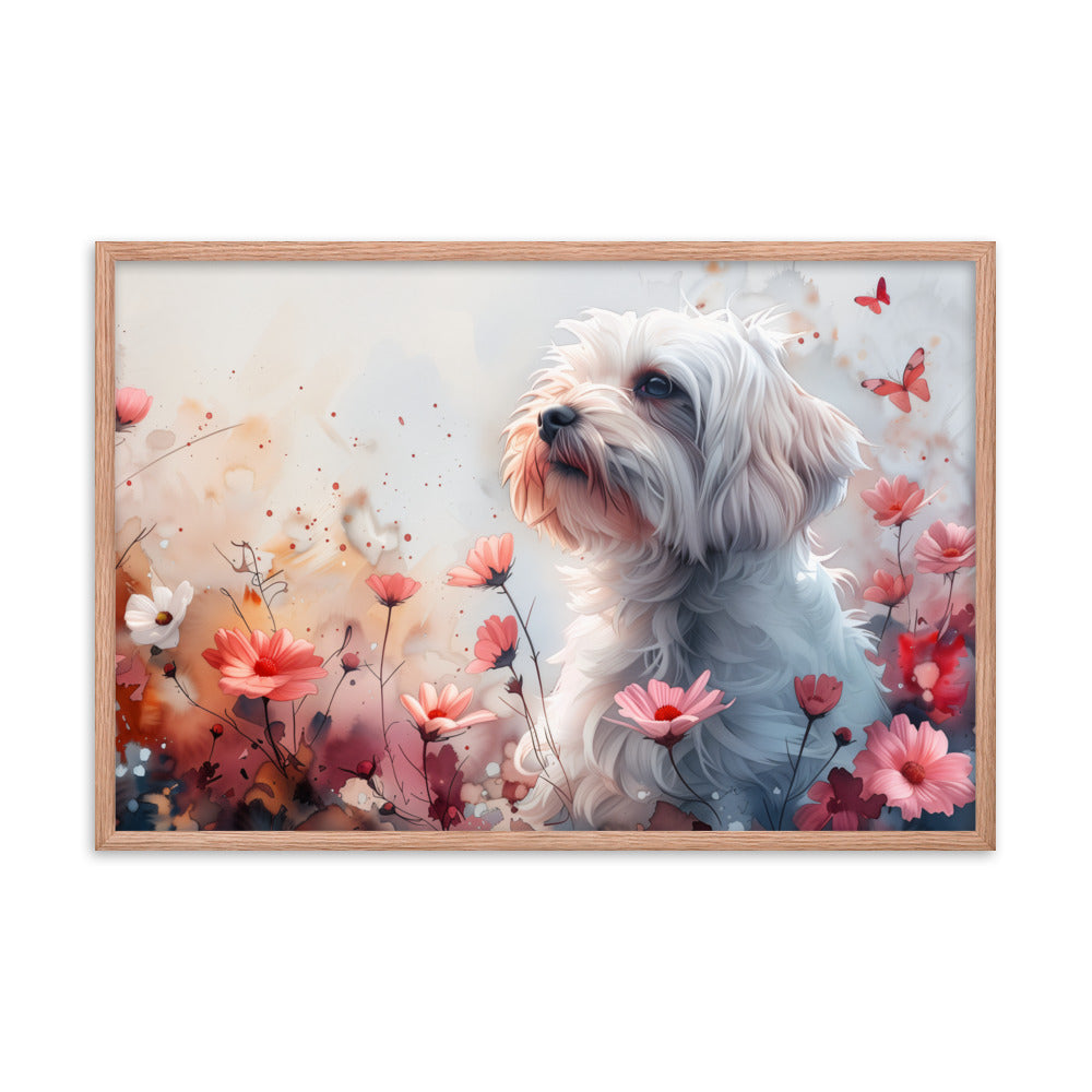 A Coton de Tulear in a field of flowers with butterflies. 