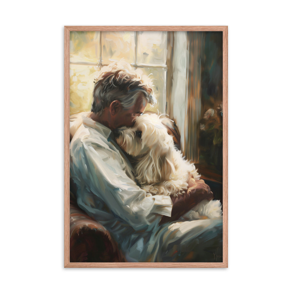 Man holds his Coton De Tulear dog sitting on a chair in a study