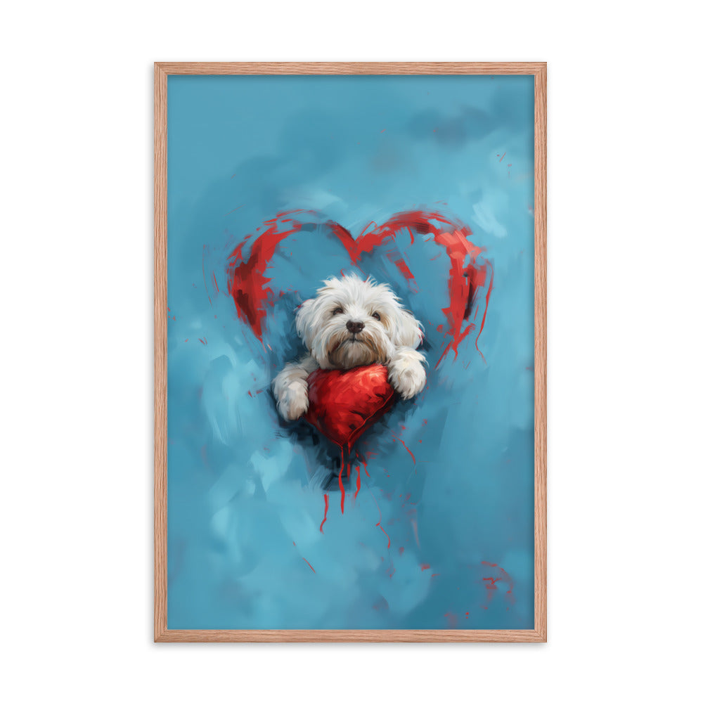 A Coton de Tulear sits on a red heart, surrounded by a red heart on a blue background. 