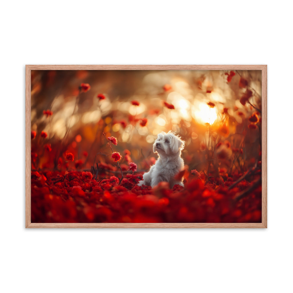 A Coton De Tulear dog sits in among red flowers at sunset