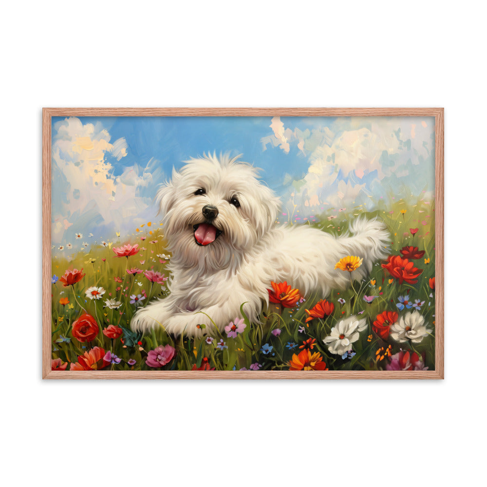 A happy coton de tulear sits on a grass hill with wildflowers.