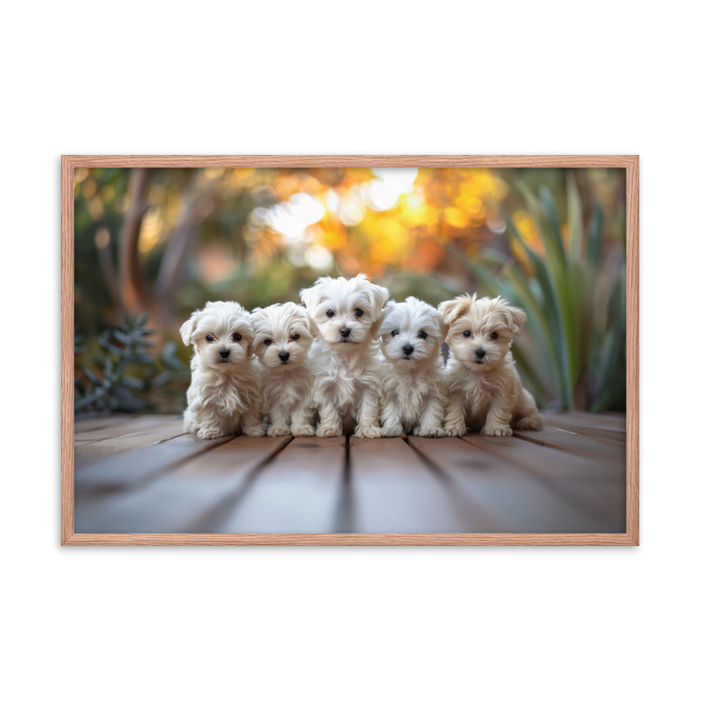 Five Coton de Tulear puppies lined up on a wood deck with greenery in the background. 