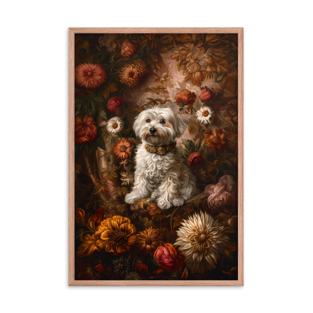 A Coton De Tulear dog featured in a Renaissance Painting with floral background