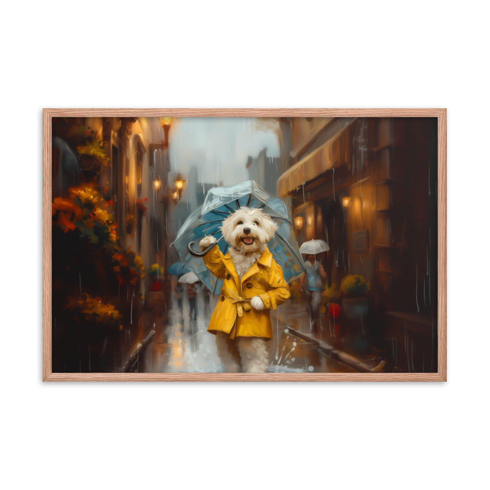 A Coton de Tulear walks down a rainy street upright wearing a yellow rain coat and umbrella.