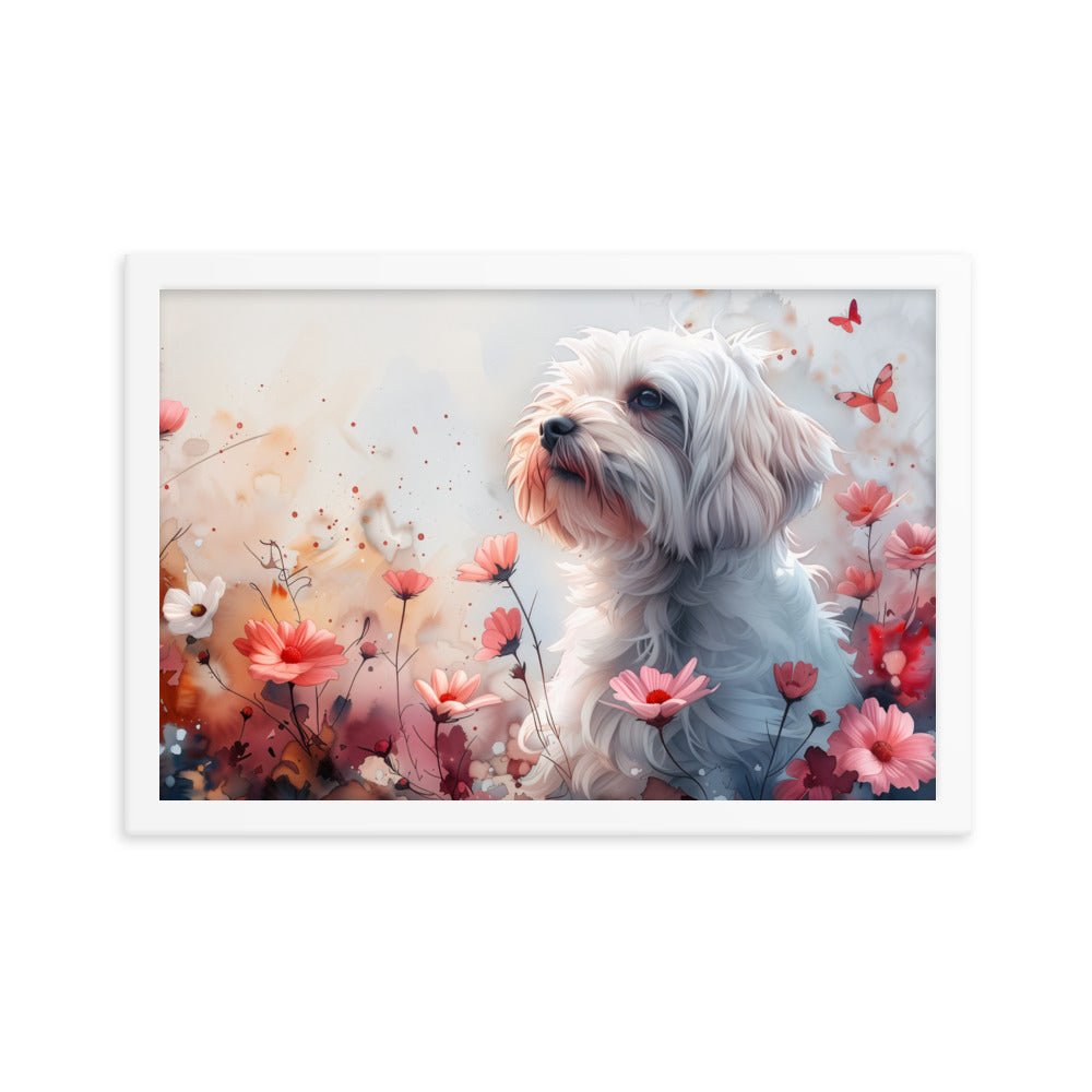 A Coton de Tulear in a field of flowers with butterflies. 