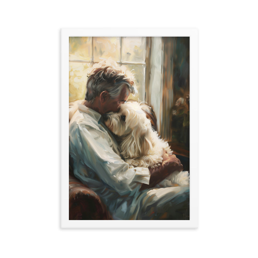 Man holds his Coton De Tulear dog sitting on a chair in a study