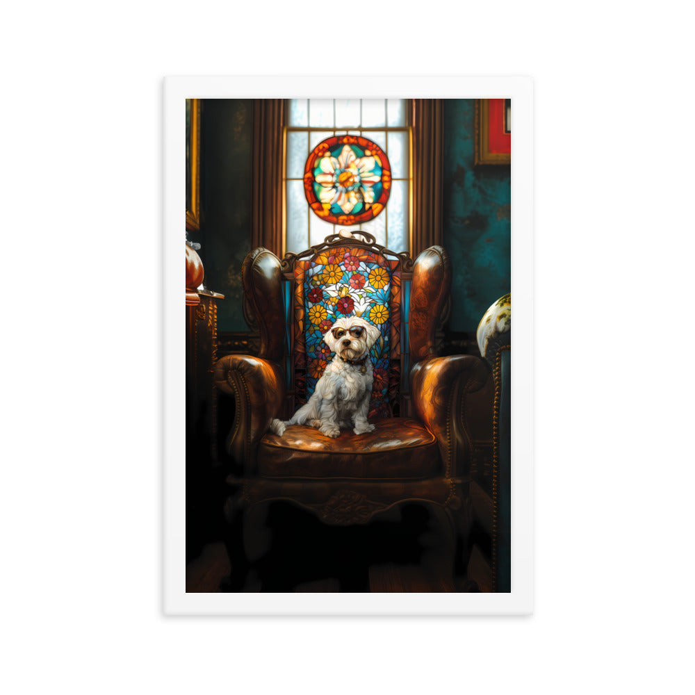 A Chic Coton de Tulear sits on a brown leather couch in a library with stained glass window.