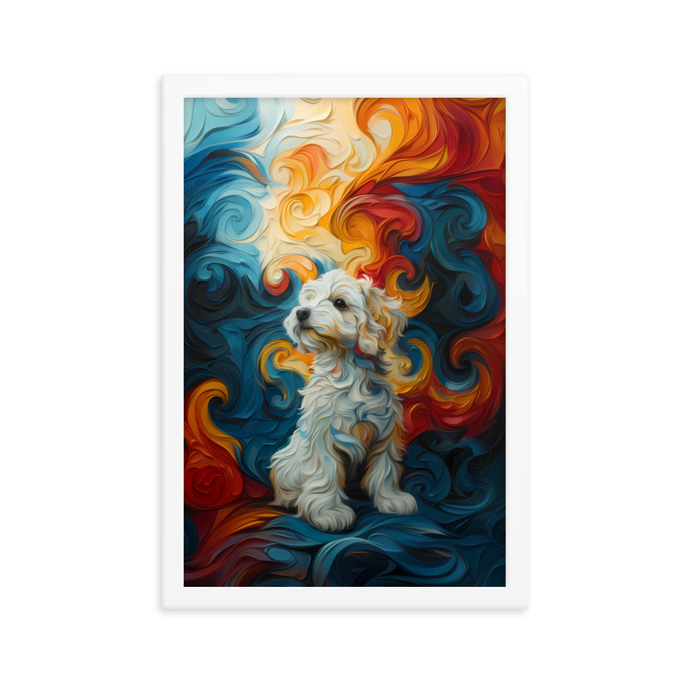 A Coton de Tulear sits in front of a swirling background of color: reds, oranges, yellows and blues.