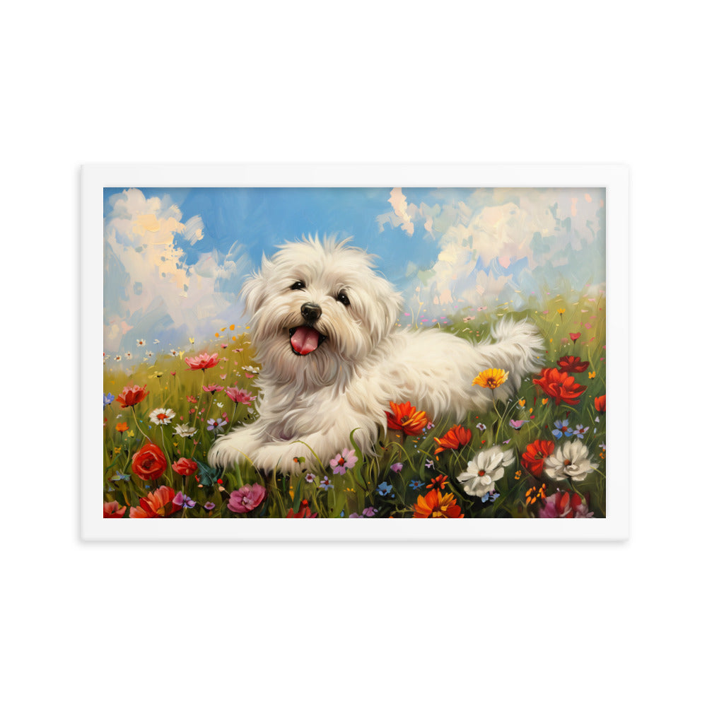 A happy coton de tulear sits on a grass hill with wildflowers.