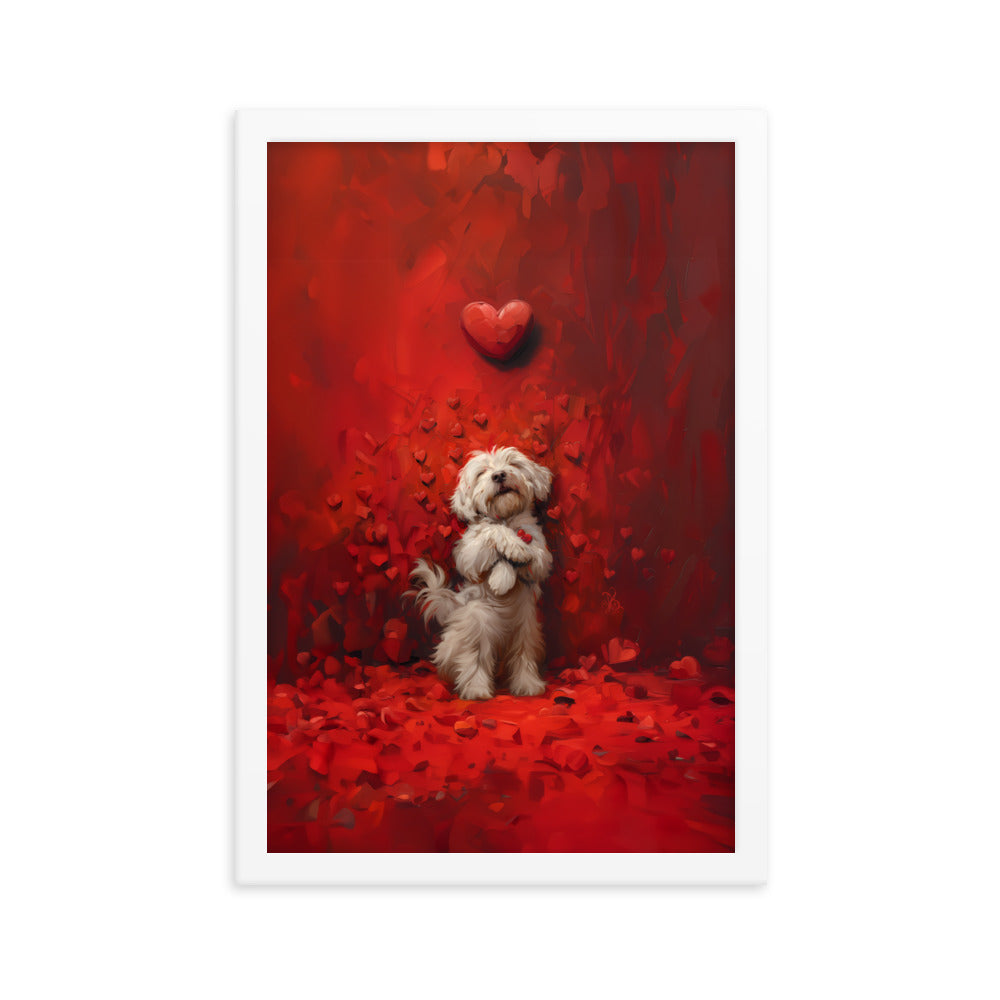 A Coton De Tulear dog stands cuddling hearts that surround him