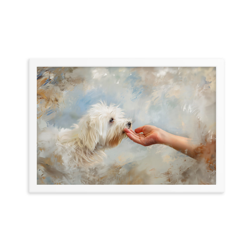 A Coton De Tulear dog kisses a human hand in the clouds