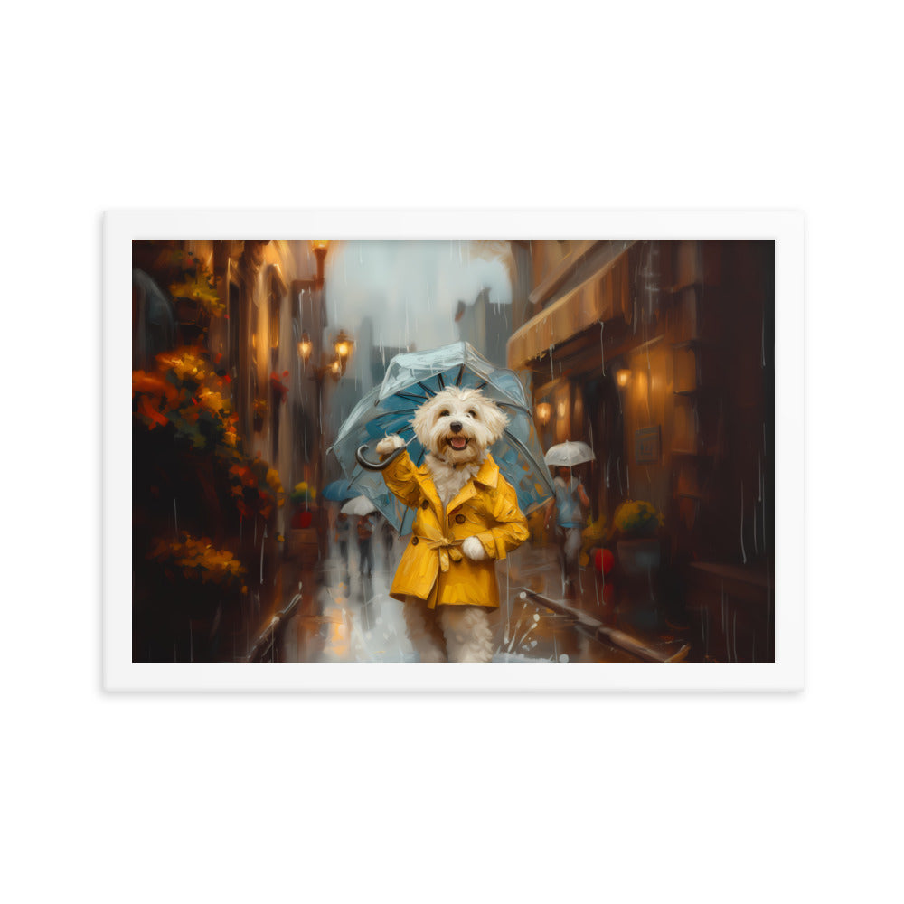 A Coton de Tulear walks down a rainy street upright wearing a yellow rain coat and umbrella.