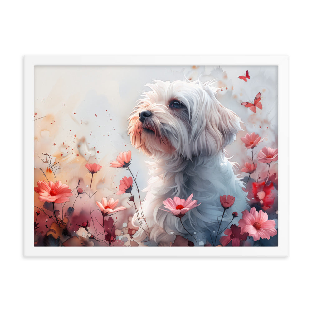 A Coton de Tulear in a field of flowers with butterflies. 