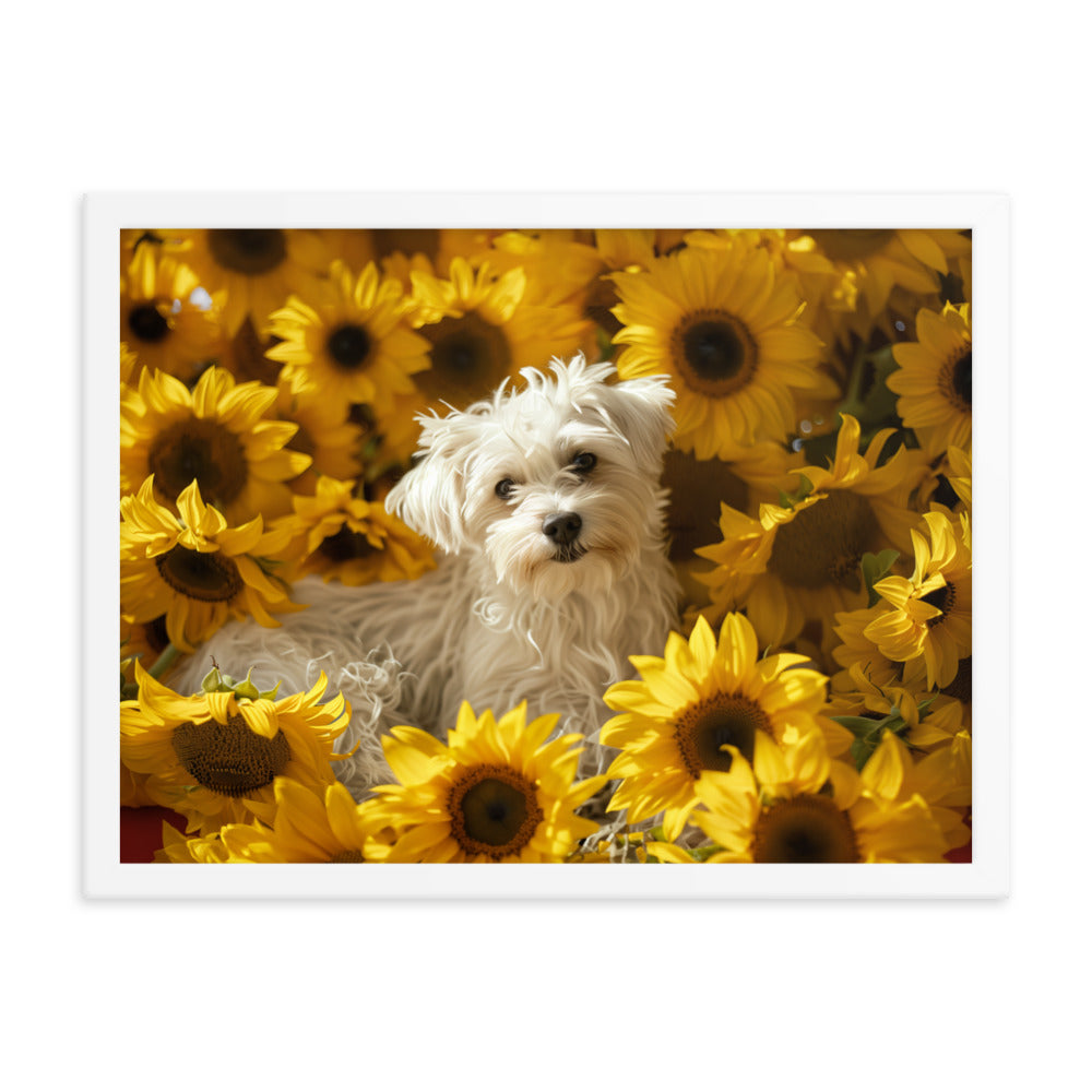 A Coton De Tulear dog nestled among vibrant sunflowers in a framed canvas art piece.