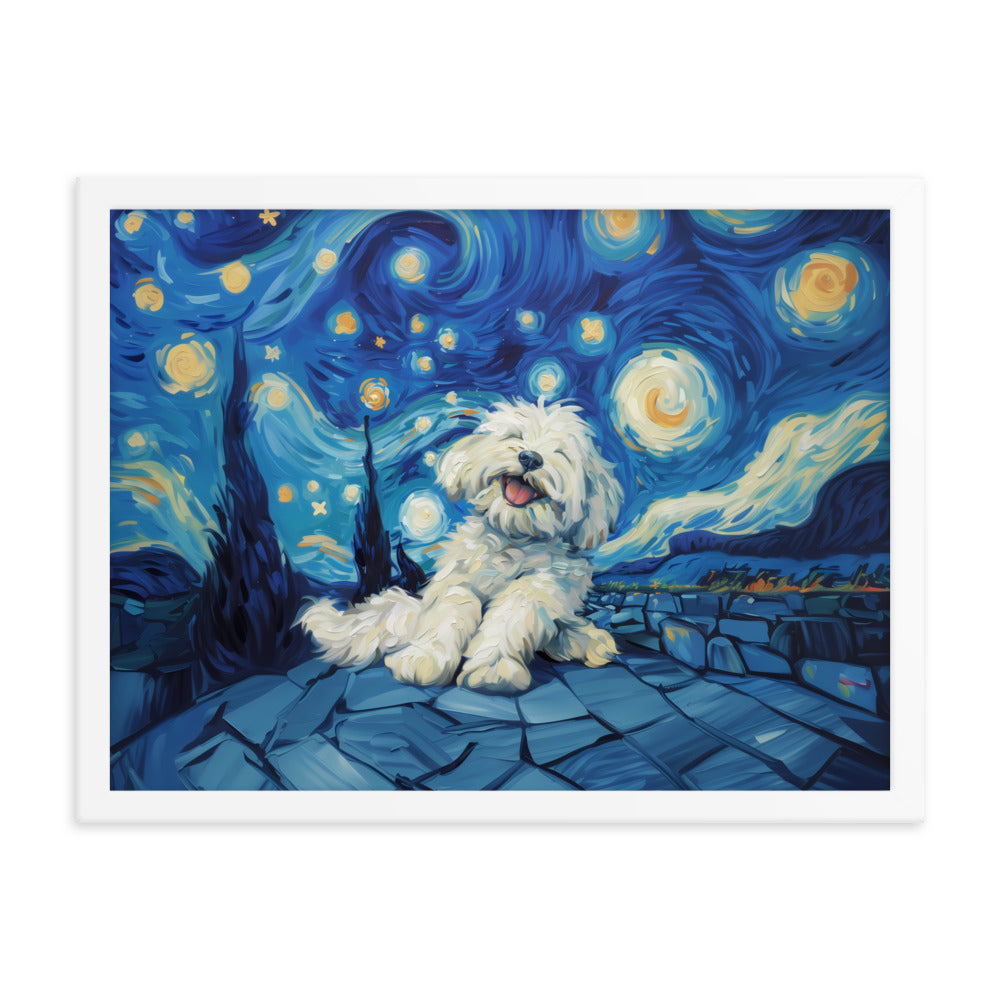 Van Gogh's Starry Night with a Happy Coton de Tulear.