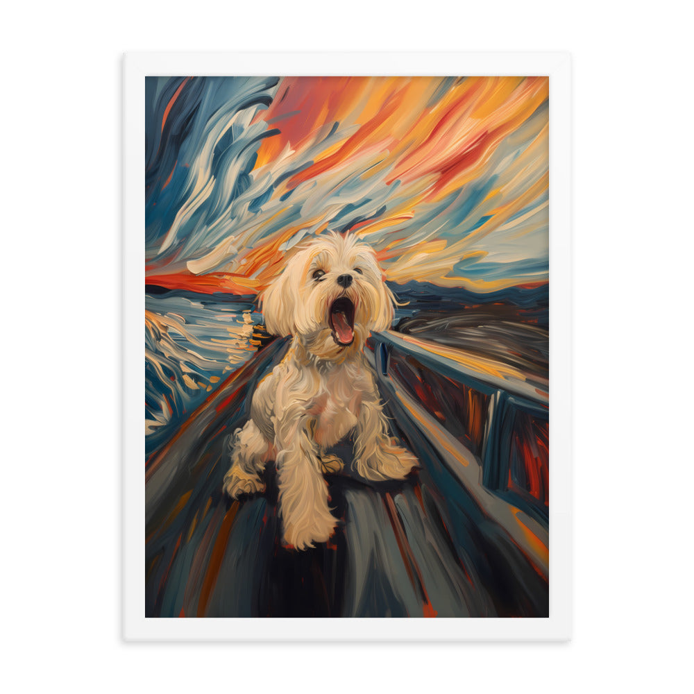 A Coton de Tulear howls in a parody painting of The Scream.